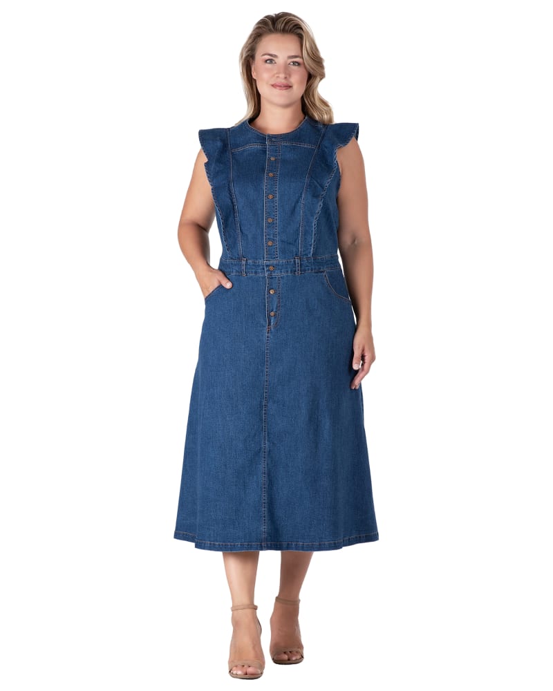 Front of a model wearing a size 24 Women's Ruffle Sleeveless A-Line Midi Dress in Dark Blue by Standards & Practices. | dia_product_style_image_id:280878